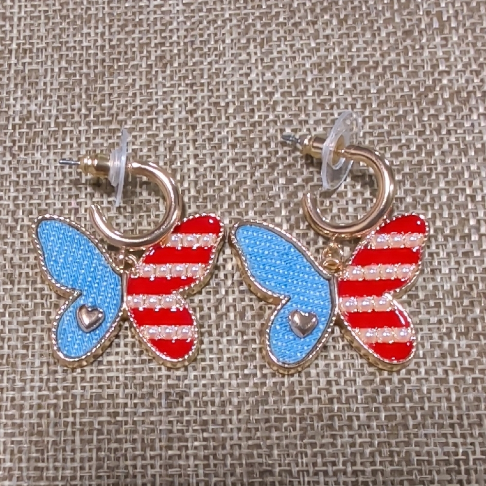 Red White And Blue Butterfly Dangle Pierced Fashion Earrings